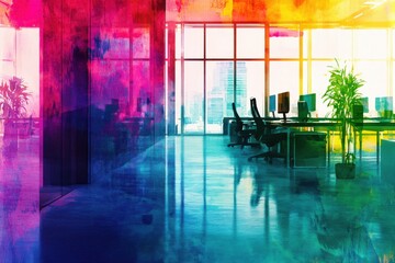 Vibrant office background in neon watercolor with high depth perception