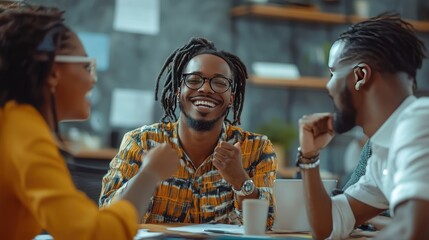 Cheerful African American office friends giving each other a fist bump during a team meeting, discussing reports, laughing, and celebrating successful teamwork