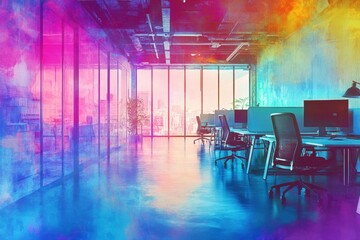 Vibrant office background in neon watercolor with high depth perception