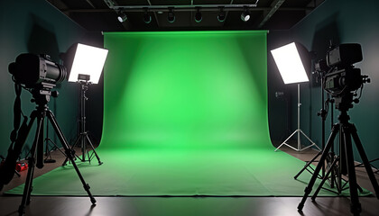 Professional studio setup with green screen, lighting equipment for video, photo production. Cameras, tripods positioned in front of green screen ready for filming. High-tech studio environment ready