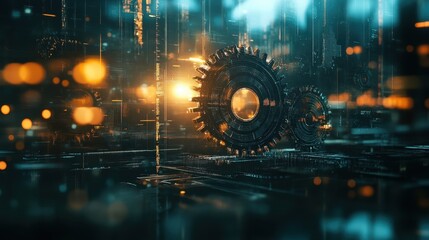 An abstract representation of gears turning in harmony is disrupted by vertical price spikes casting a shadow over a city with flickering lights symbolizing economic distress.