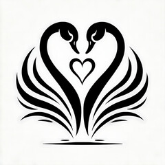 Naklejka premium Swan Silhouette Pair Forming Heart Shape for Minimalist Romantic Representation in Art, Romantic Swan Silhouette with Heart Necks for Simple Representation in Black and White Designs 