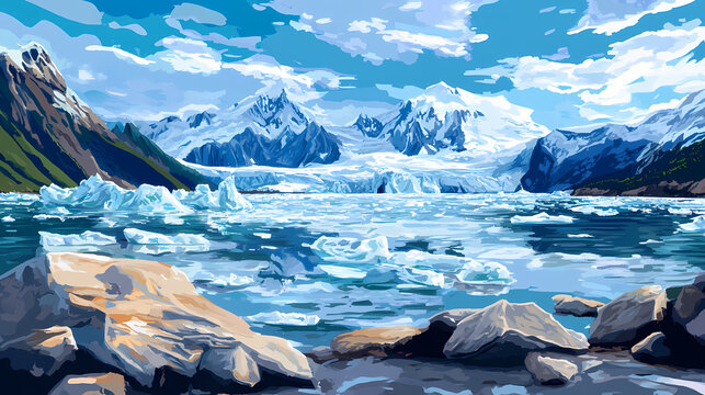 Glaciers in laguna san rafael. Winter Lagoon. Illustration