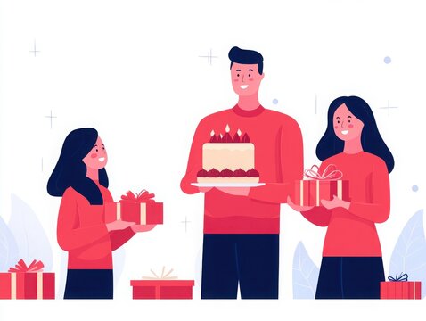 A joyful celebration with a family holding gifts and a birthday cake, showcasing happiness and festive moments.
