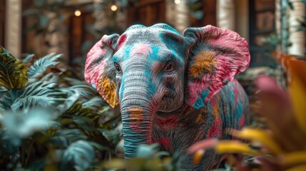 A vibrant and playful image of an elephant adorned with brilliant colors, blending seamlessly into a rich tropical setting, representing joy and creativity in nature.