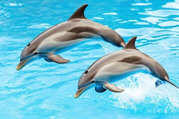 Naklejka premium Playful bottlenose dolphins leap joyfully from vibrant turquoise waves into the deep blue ocean under a soft gray-blue horizon