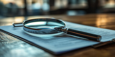 Magnifying glass on document on wooden table