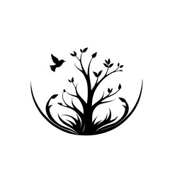 Tree of Life: A Bird in Flight, Nature's Embrace.  Elegant black and white vector illustration, perfect for nature lovers and design enthusiasts.