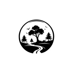 Serene Landscape: A Black and White Silhouette of a Majestic Tree, Birds in Flight, and a Winding River, Creating a Peaceful Nature Scene