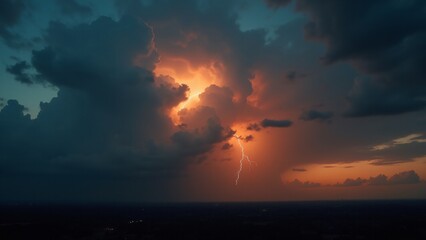 Naklejka premium A dramatic stormy sky at dusk with golden and crimson highlights, towering clouds, and distant lightning bolts illuminating the scene.