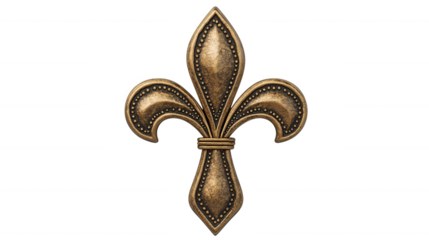 A detailed, ornate fleur-de-lis emblem with a metallic finish, showcasing elegant curves and embellishments, Transparent Background.