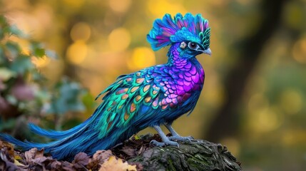 Obraz premium Vibrant fantasy bird with colorful blue and purple plumage perched on a mossy log in an autumn forest.