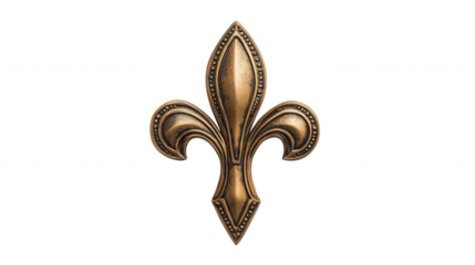 A detailed, ornate fleur-de-lis symbol with a metallic finish, showcasing elegant curves and historical significance, Transparent Background.