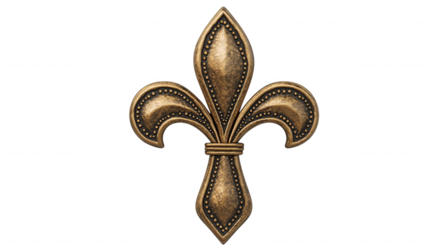 A detailed, ornate fleur-de-lis emblem with a metallic finish, showcasing elegant curves and embellishments, Transparent Background.