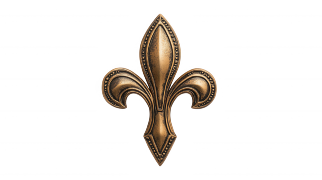 A detailed, ornate fleur-de-lis symbol with a metallic finish, showcasing elegant curves and historical significance, Transparent Background. - Powered by Adobe