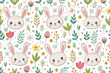 Cute bunny rabbit floral seamless pattern.