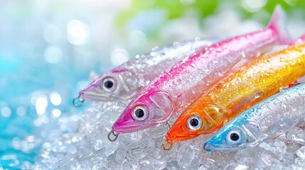 Colorful fishing lures on ice, close-up, summer background, for fishing websites