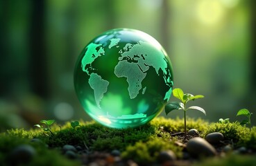 Green globe earth on blurred forest backdrop. Small plants sprout from mossy ground. Eco friendly concept. Conservation idea. Healthy environment photo. Global ecosystem image. Sustainable