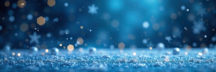 Snowflakes falling on a decorated blue Christmas table, frosty, xmas, blue