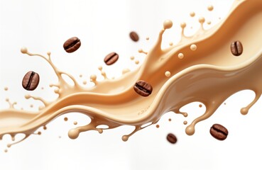 Fototapeta premium Creamy coffee drink splashes, swirls with coffee beans flying. Fluid motion of hot beverage. Abstract illustration of cappuccino mocha. Isolated on white background. Dynamic design element. High
