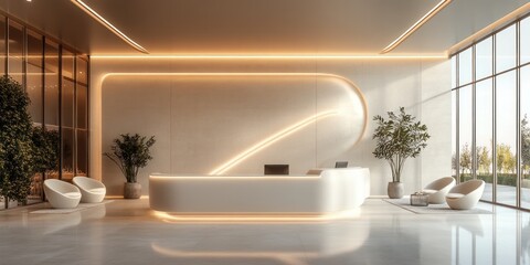 Minimalist Reception Area Design with White Furniture and Large Potted Plant