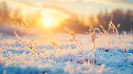 Obraz premium Glade at sunset in winter: a quiet frost descends. Frosty Glade. Illustration
