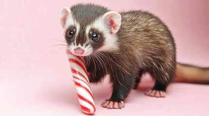 Fototapeta premium A cute and playful ferret charmingly holds a striped candy cane, displaying a whimsical and joyful nature, creating an endearing festive atmosphere.