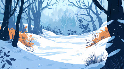 Icy winter scene with snow-covered landscape. Frosty Glade. Illustration