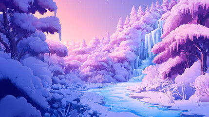 Obraz premium Icy winter scene with snow-covered landscape. Frosty Glade. Illustration