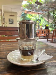 Vietnamese drip coffee is dripping