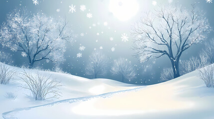 Icy winter scene with snow-covered landscape. Frosty Glade. Illustration