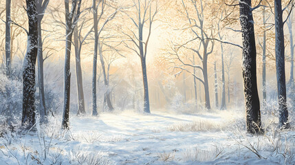 Rime-covered deciduous glade - winter wonderland. Frosty Glade. Illustration
