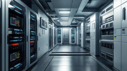 Obraz premium Futuristic Server Room Corridor Advanced Technology Infrastructure