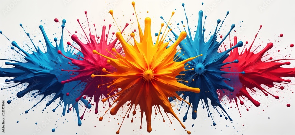 Poster colorful paint splashes explode in vibrant bursts of color against white background. dynamic, abstra