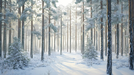 Snowy forest scene with tall pine trees. Frosty Glade. Illustration