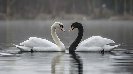 Obraz premium A beautiful image of a black and white swan facing each other, creating a heart shape with their necks