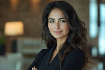 Obraz premium A corporate portrait of a confident Hispanic or Arabic businesswoman standing with her arms crossed, smiling warmly