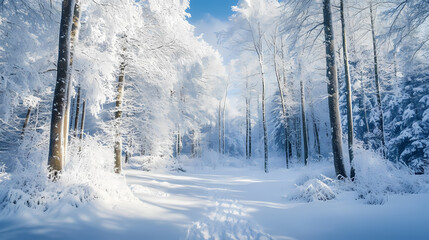 Naklejka premium Winter wonderland snowy forest scene with clear glade. Frosty Glade. Illustration