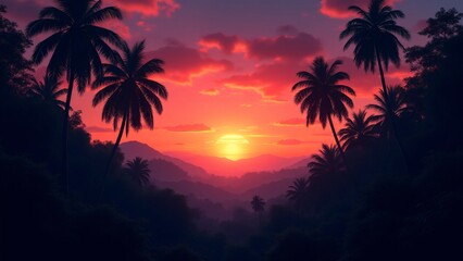 Obraz premium A tropical jungle silhouetted by a vibrant sunset sky with rich oranges, magentas, purples, and blues, blending seamlessly into night.