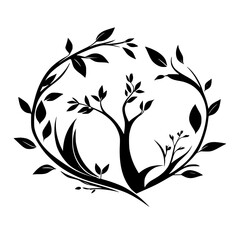 Elegant Black and White Tree Illustration: Botanical Silhouette Design, Nature-Inspired Graphic Art