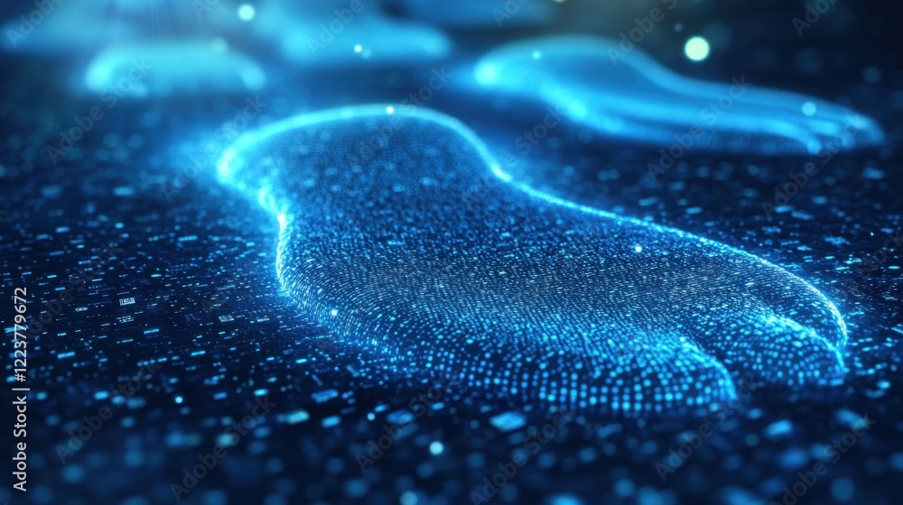 Poster glowing blue digital footprint data trail flows across dark binary code background, representing onl