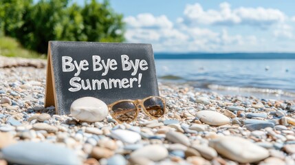 Beach summer farewell, pebble shore, lake background, end-of-summer image