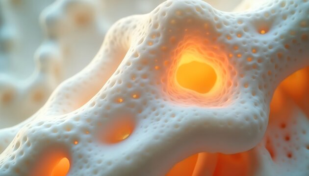 Abstract medical image shows bone density. Illustration highlights osteoporosis. Image suitable for health, medical publications scientific presentation. Visual representation of porous bone