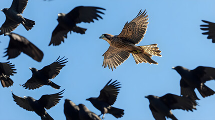 Obraz premium Aerial Masterclass: Falcon Outmaneuvers Flock of Crows in Stunning Sky Ballet, Exemplifying Nature's Strategic Dance of Survival and Dominance