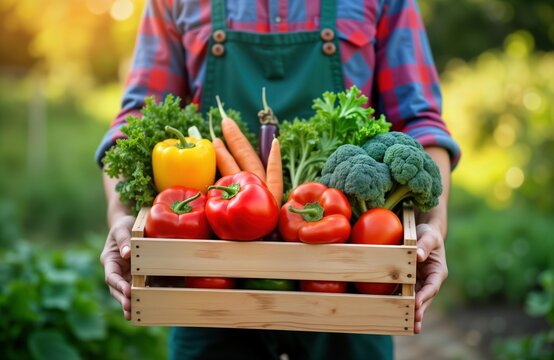 Young male farmer holds wooden crate filled with fresh harvest vegetables. Colorful produce includes tomatoes peppers carrots broccoli, greens. Healthy farm produce in natural setting. Organic