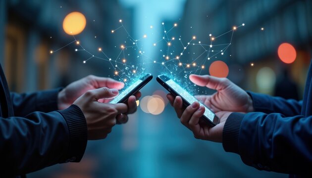 Two people use smartphones. Connect via advanced tech. City scene background. Modern communication theme. People use devices for online communication. Tech connects people. Correspondence happens