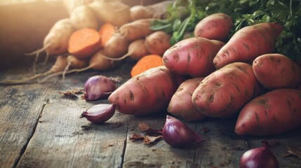 Freshly harvested sweet potatoes and onions on wood