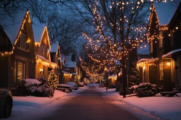 Fototapeta premium A quiet neighborhood street with houses glowing in soft holiday lights