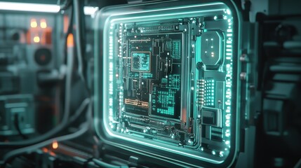 Fototapeta premium A small edge computing module is integrated into the control panel of heavy machinery illuminated by soft white lights. The detailed circuitry is visible through the transparent casing