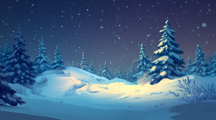 Naklejka premium Christmas and new year greeting card, featuring a frosty spruce (pine) snowbank with a night sky covered in snow. Frosty Glade. Illustration